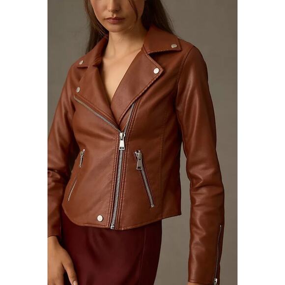 Anthropologie Women's The Saige Faux Vegan Leather Moto Jacket Brown City Biker - Picture 3 of 12